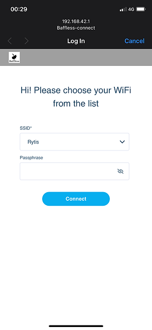 Archived Baffless Wi-Fi setup portal with home network selection and password fields